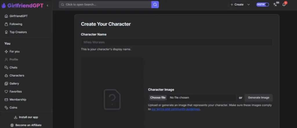 GirlfriendGPT Create A Character